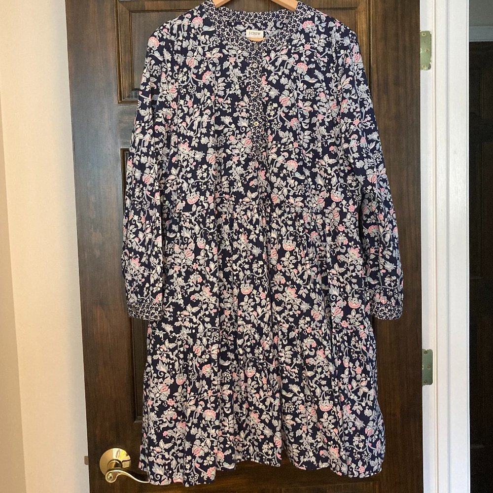 J. Crew Factory navy, white, pink tiered floral shirt dress